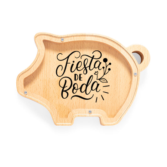 Hucha de madera con forma de cerdito y tapa de metacrilato impresa. Mensaje "Fiesta de boda"
