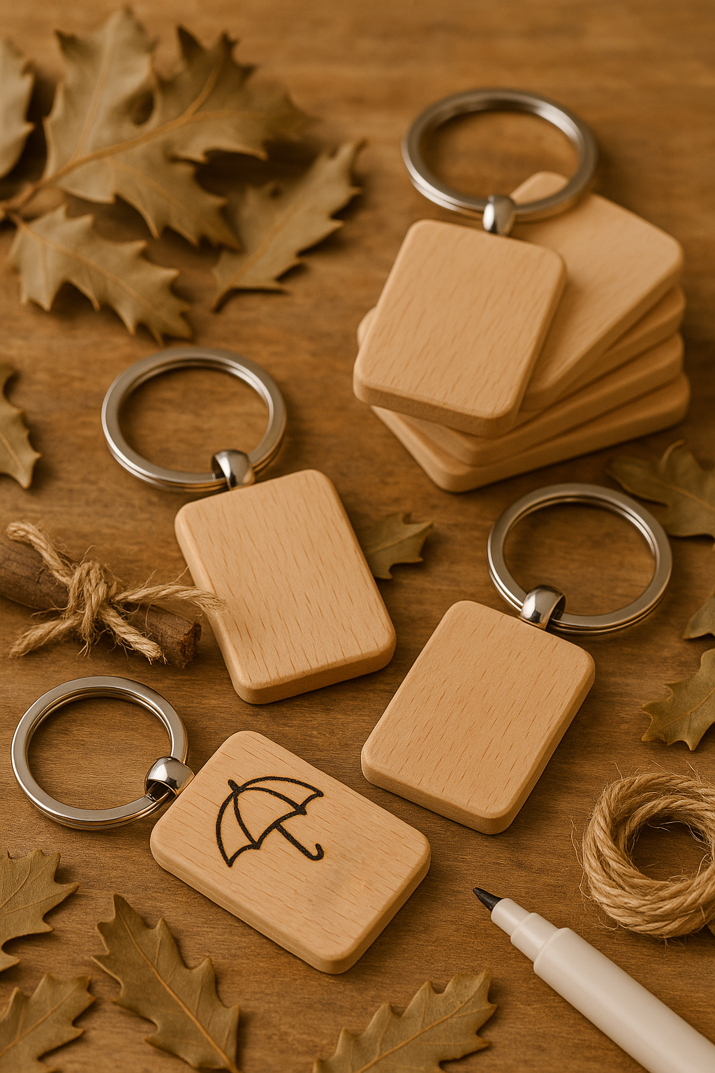 Set de ocho llaveros rectangulares de madera con argolla metálica. Uno de ellos tiene grabado el dibujo de un paraguas. Estan dispuestos sobre una mesa de madera con hojas que evocan al otoño
