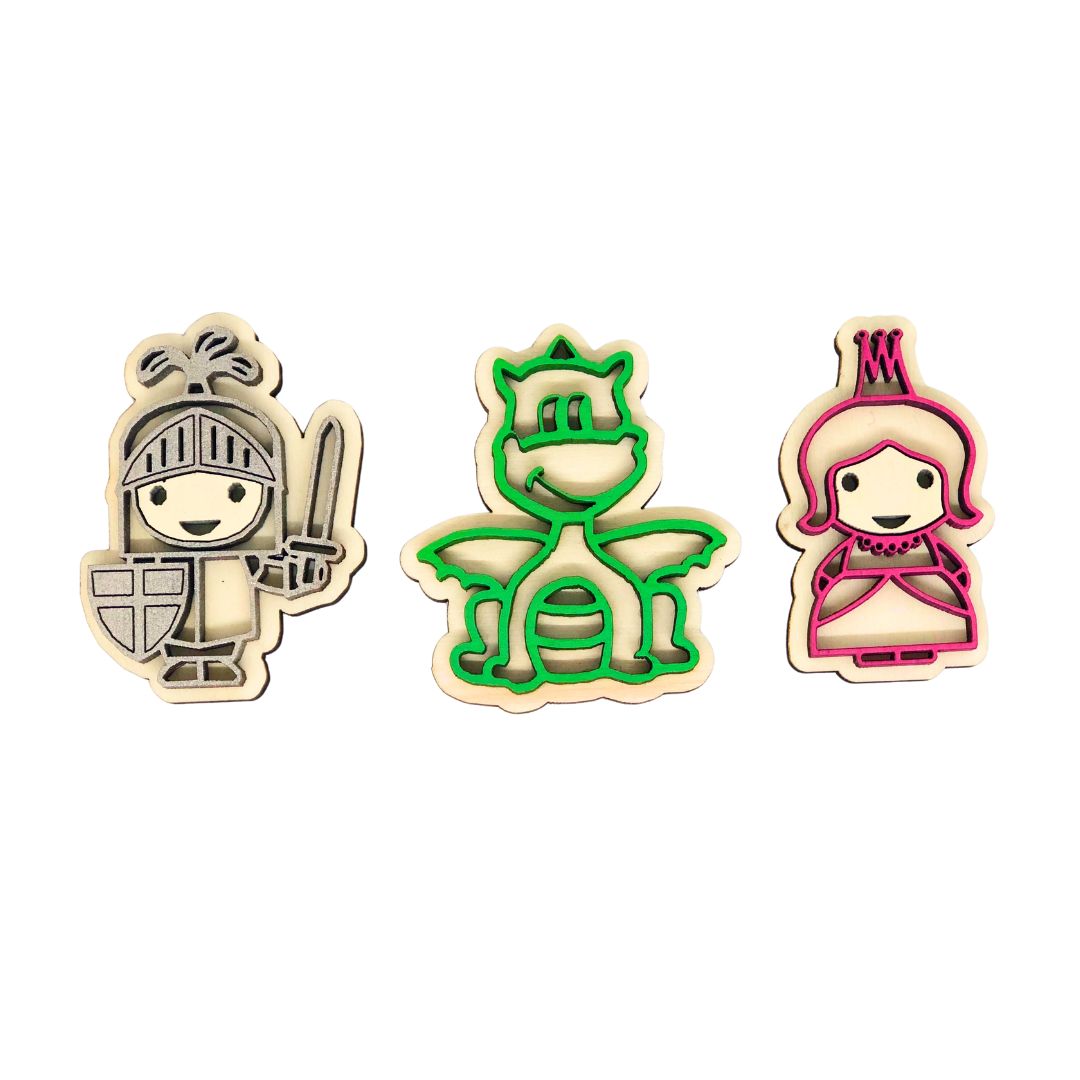 Modelos disponibles de Imán de madera artesanal con figuras de Sant Jordi: pintados en relieve de colores, recuerdo sostenible y decorativo del día de Sant Jordi.