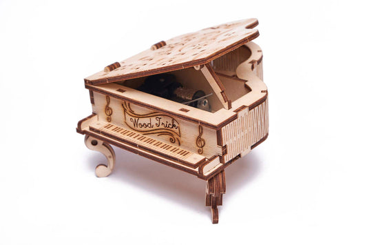 Maqueta de piano musical de madera para montar, modelo artesanal con piezas cortadas a láser, diseño decorativo y educativo ideal para amantes de las manualidades y coleccionistas.