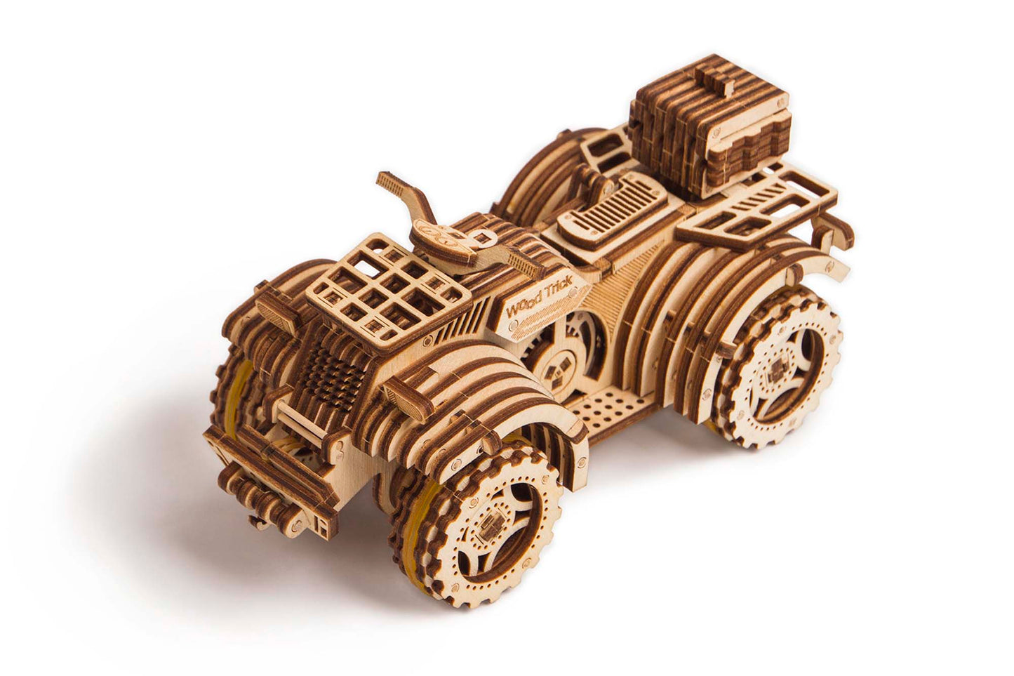Maqueta de quad de madera para montar, modelo artesanal con piezas cortadas a láser, diseño decorativo y educativo ideal para amantes de las manualidades y coleccionistas. Vista cenital
