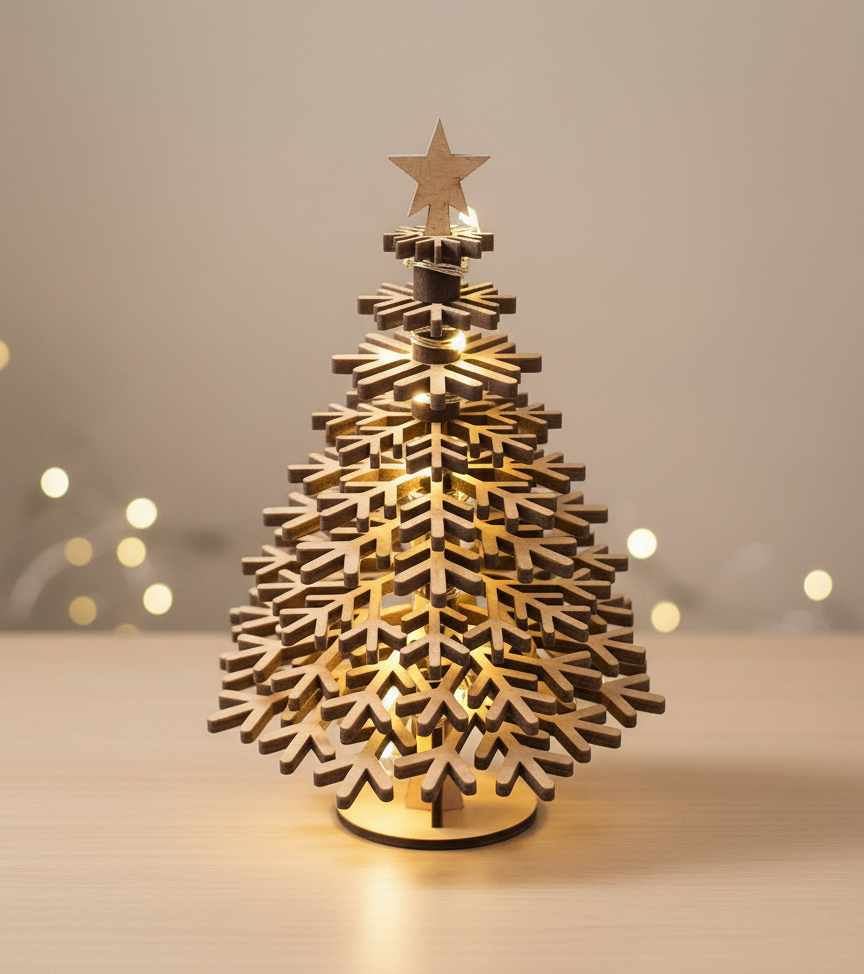 Arbol de navidad de madera formado por capas de círculos en forma de copito de nieve, de mayor a menor y acabado con una estrella