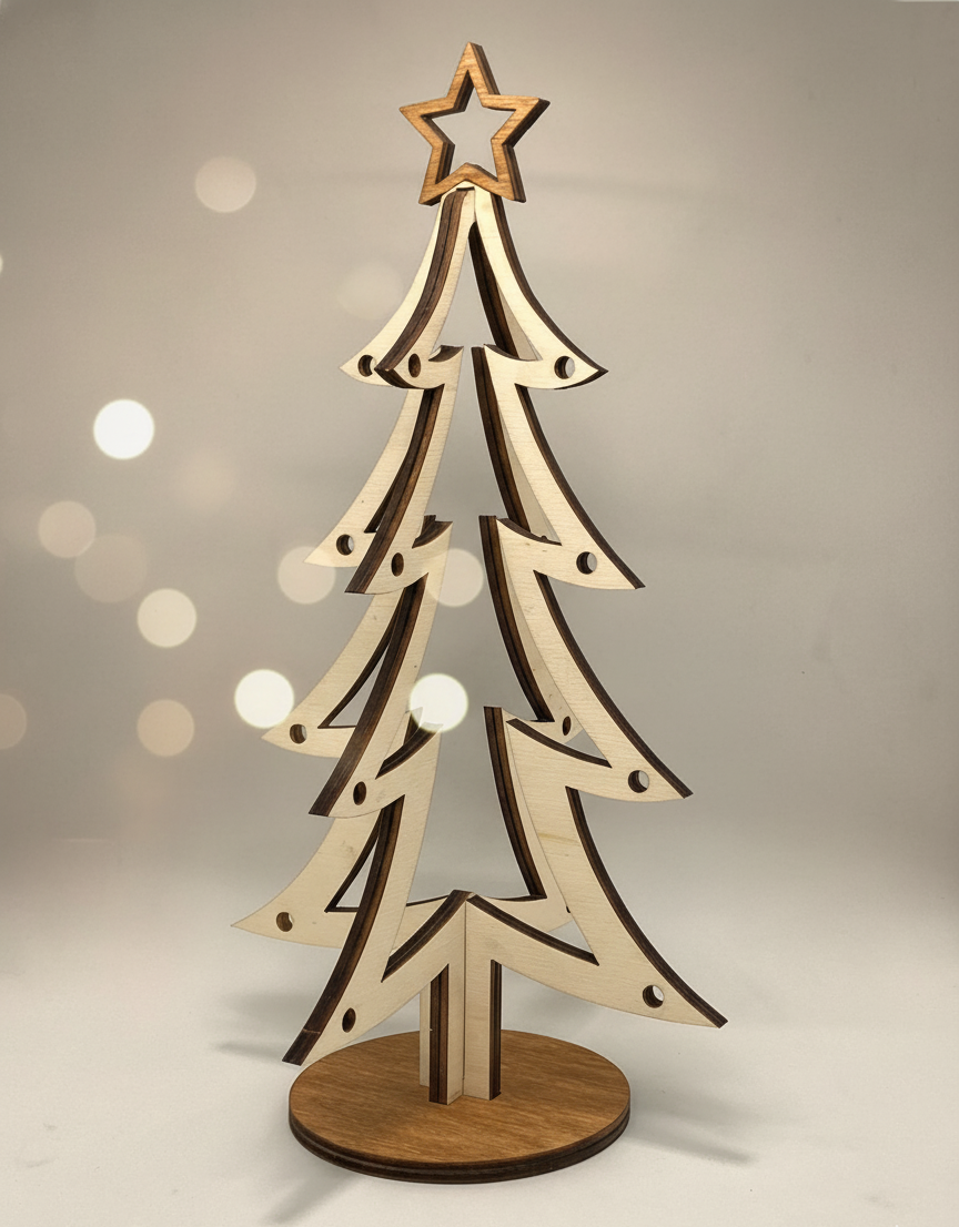 Árbol de Navidad de madera formado por dos piezas que encajan una dentro de la otra y sujetadas en una base. Con forma muy ligera para decorar de manera minimalista. Color madera clara