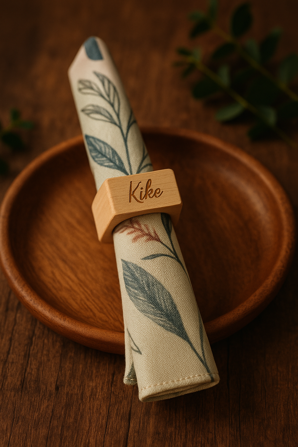 Servilleta de tela natural sobre un cuenco de madera, decorada con una argolla de madera con un nombre grabado: Kike