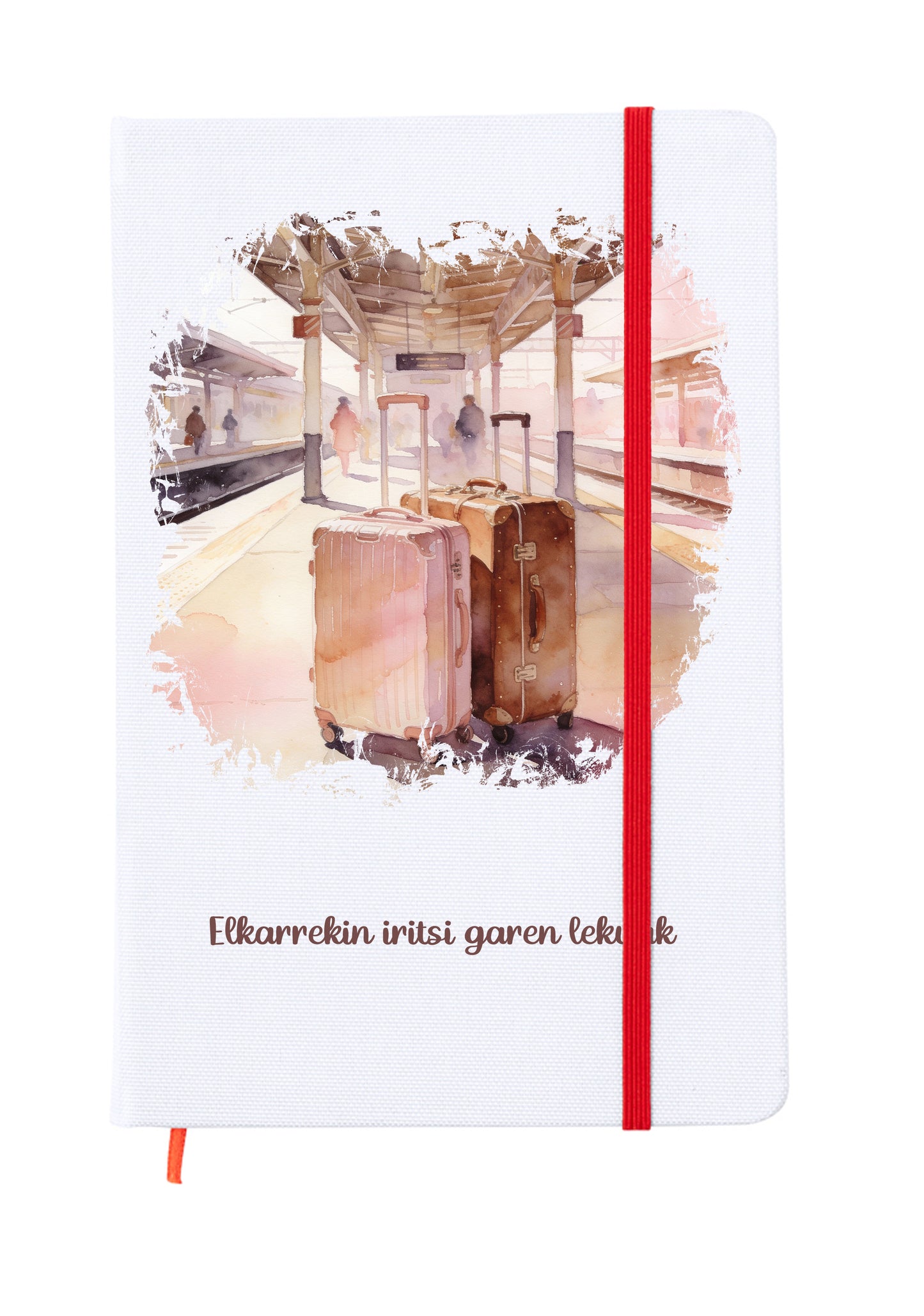 Libreta tamaño 15x20cm con goma elástica para cerrar de color rojo. Interior páginas en blanco para escribir compartiendo con la pareja. Portada a todo color con una ilustración romántica que forma parte de un conjunto para san valentin. Elkarrekin iritsi garen lekuak
