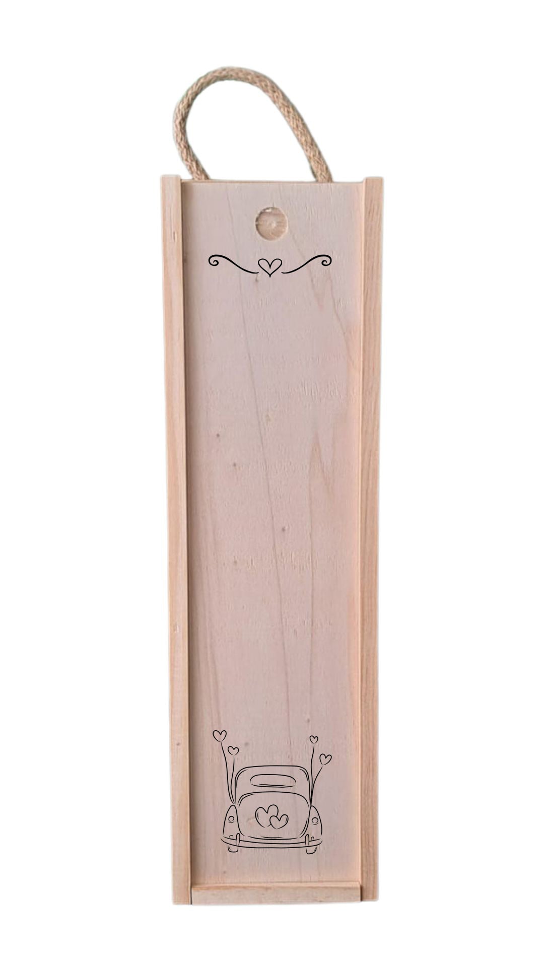 Caja de madera de pawlonia para botella de vino con un diseño de boda grabado a láser en la tapa, personalizable a gusto del cliente.
