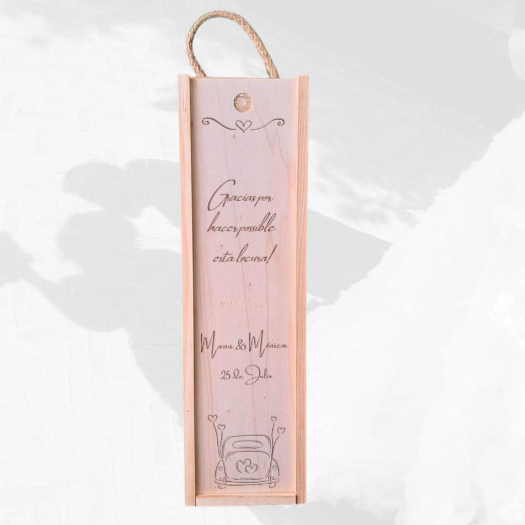 Caja de madera de pawlonia para botella de vino, personalizada con un mensaje de agradecimiento grabado a láser en la tapa