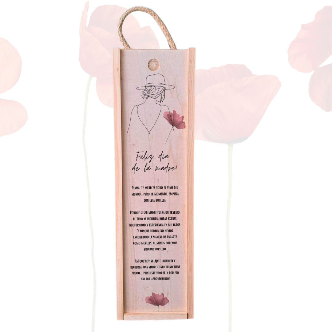Caja de madera de pawlonia para botella de vino personalizada con un mensaje especial para el día de la madre, impreso en la tapa.