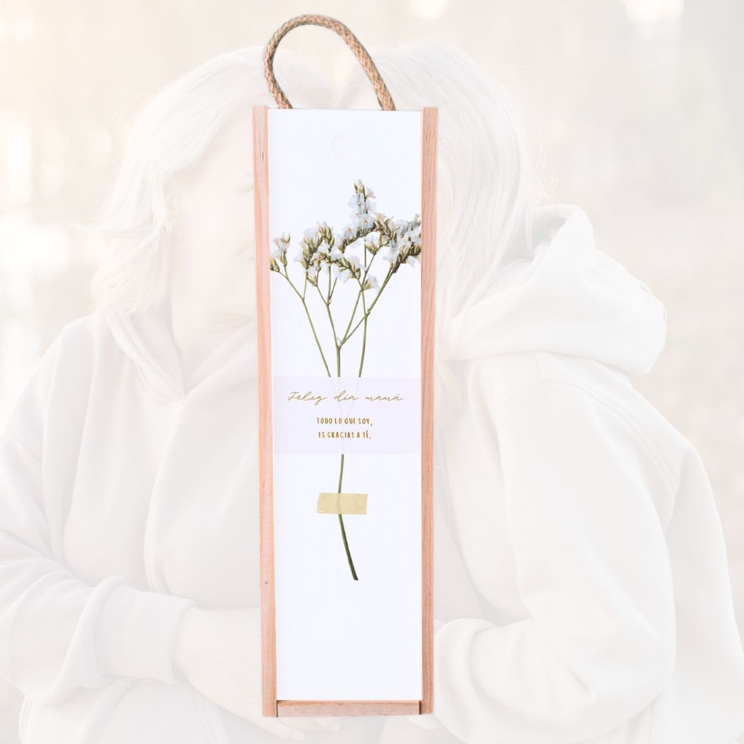 Caja de madera de pawlonia para botella de vino, con la tapa personalizada con un mensaje especial para el día de la madre.
