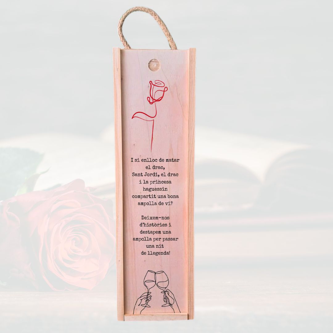 Caja de madera de pawlonia para botella de vino, personalizada con un mensaje impreso en negro y rojo, especial para el dia de Sant Jordi.