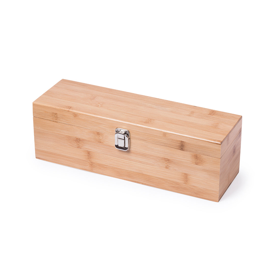 Caja de bambú premium para presentación de botella de vino con accesorios para degustarlo.