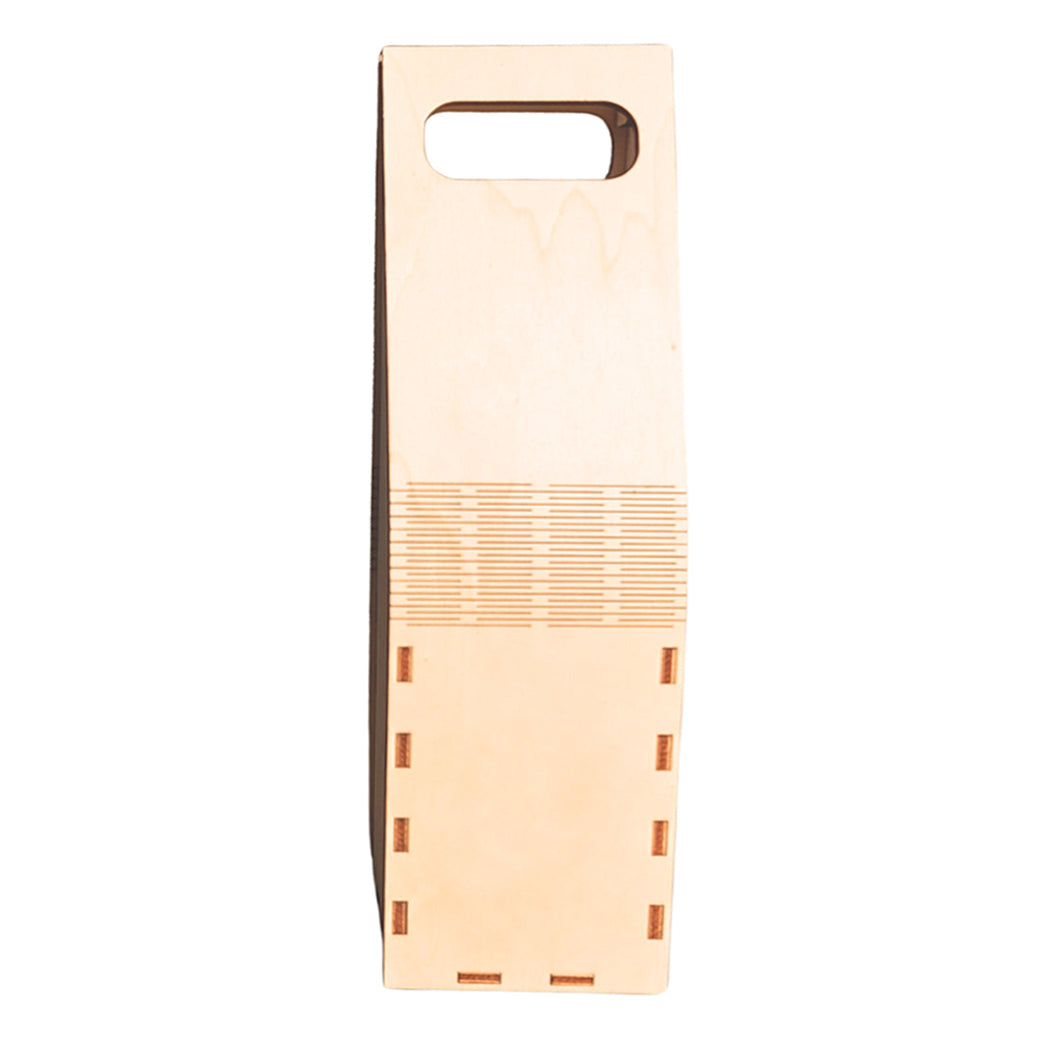 Caja con asa, de madera de chopo natural para guardar una botella de vino. Personalizable con grabado láser. Ideal para poner logotipos, frases, dedicatorias, nombres...