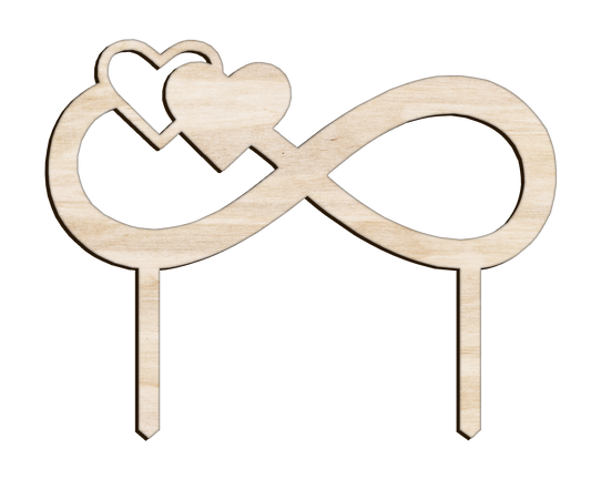 topper de madera para tarta en forma de infinito con dos corazones: uno lleno y el otro con agujero, solo silueta. Tiene dos patitas para poder clavarse en la tarta