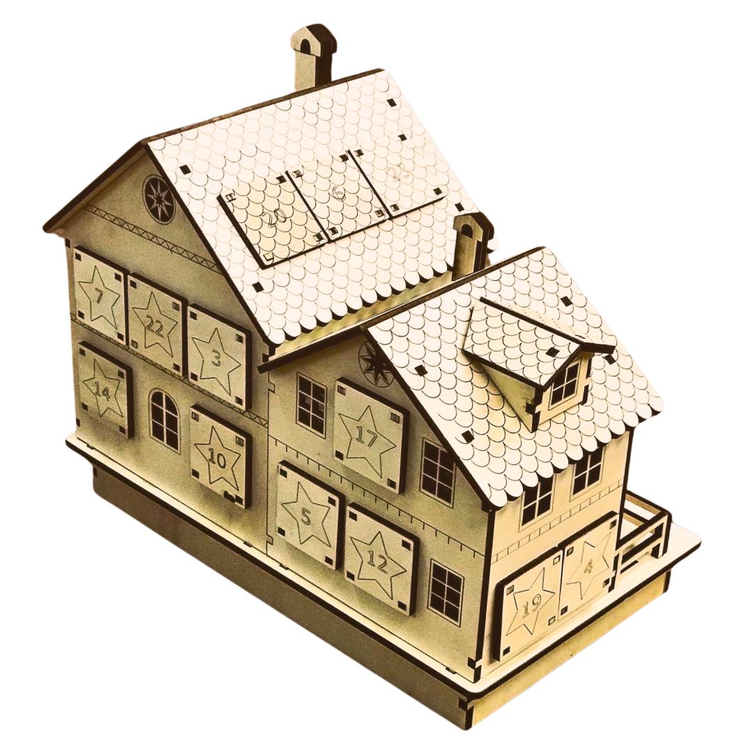 Calendario de adviento de madera en forma de casa con distintos compartimentos de madera estilo cajón donde guardar la sorpresa de cada día