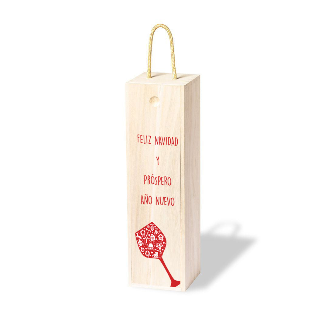 Caja de Madera para botella de vino, edición Navidad con dibujo de una copa de vino roja y el texto "Feliz Navidad y Próspero Año Nuevo"