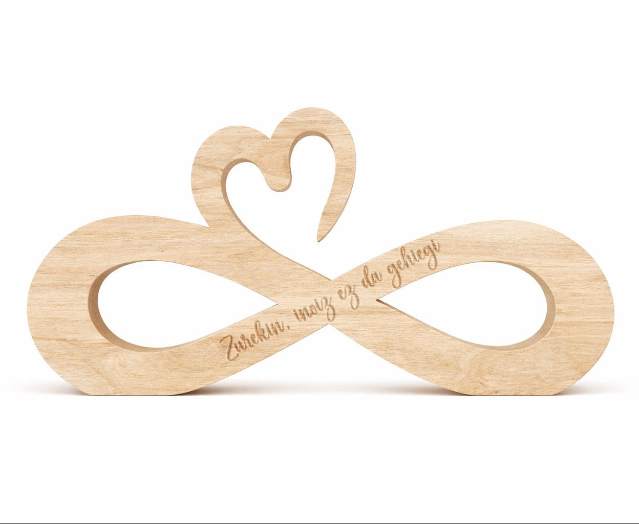 Figura decorativa de madera de haya natural en forma de infinito con un pequeño corazón encima y un mensaje grabado a láser ideal para el día de san valentín. Regalo para enamorados. Zurekin, inoiz ez da gehiegi