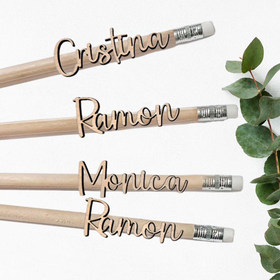 Lápices de madera con nombre de madera tallados a láser para personalizar cada unidad con su nombre. Regalo ideal para eventos