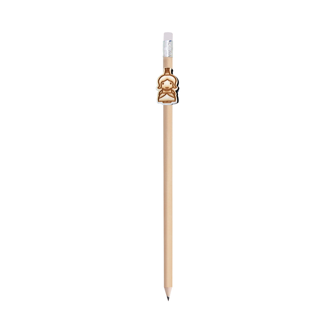 Lápiz de madera con figura de la princesa de Sant Jordi decorado artesanalmente, ideal como detalle o recuerdo del día del libro y Sant Jordi.