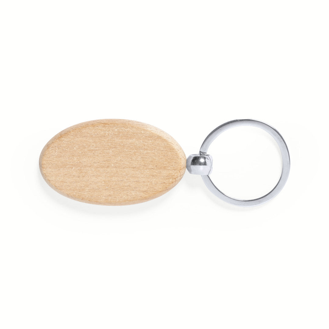 Llavero de madera de haya natural ovalado personalizado con grabado a láser.