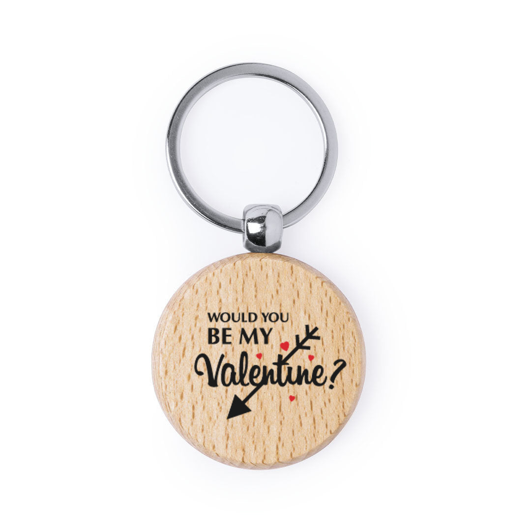 Llavero de madera natural redondo con impresión a todo color por una cara especial san valentin, parejas, enamorados. Would you be my Valentine