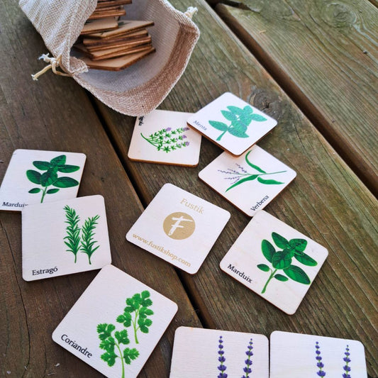 Juego de madera Parejas Silvestres, con ilustraciones de plantas aromáticas silvestres para aprender ejercitando la memoria.