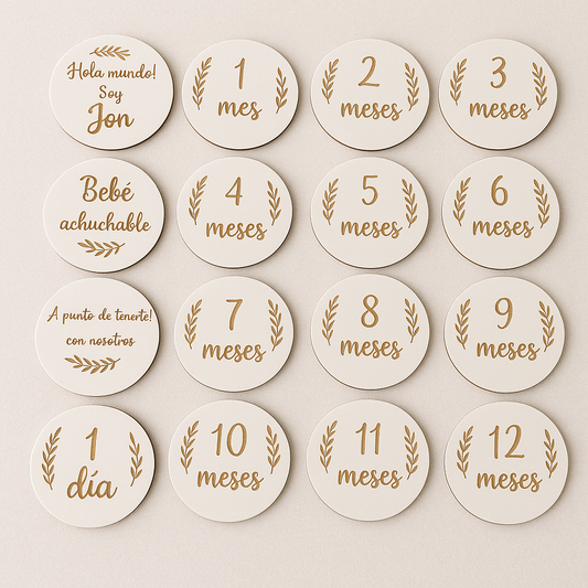 Conjunto de 16 círculos marca meses marcados a láser para sesión de fotos de bebé