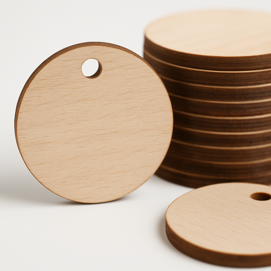 Detalle de un círculo de madera liso y pulido con un agujero para poner una cinta y colgarlo