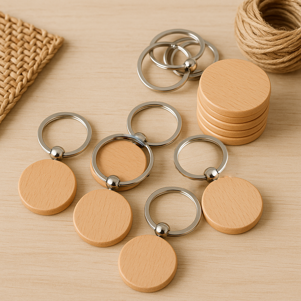 conjunto de llaveros redondos de madera con argolla de metal, listos para ser personalizados a gusto del cliente.