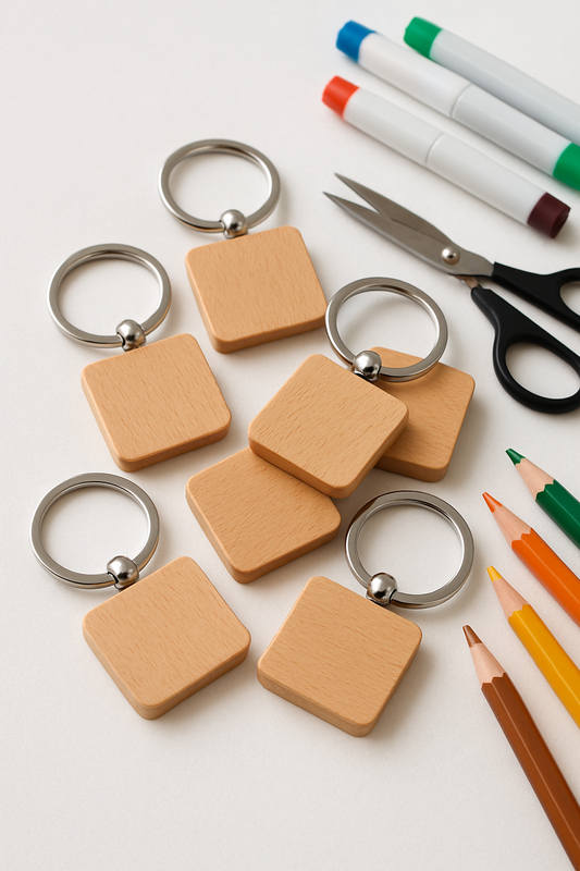 Conjunto de siete llaveros de madera de forma cuadrada con argolla metálica. Estan esparcidos por encima de una superfície blanca con elementos para hacer manualidades con los llaveros.