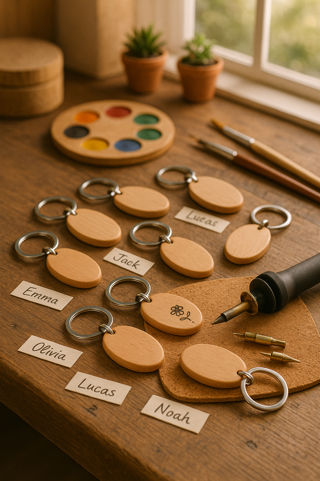 Conjunto de nueve llaveros de madera de forma ovalada con argolla metálica preparados sobre una mesa para ser pirograbados y pintados con manualidades