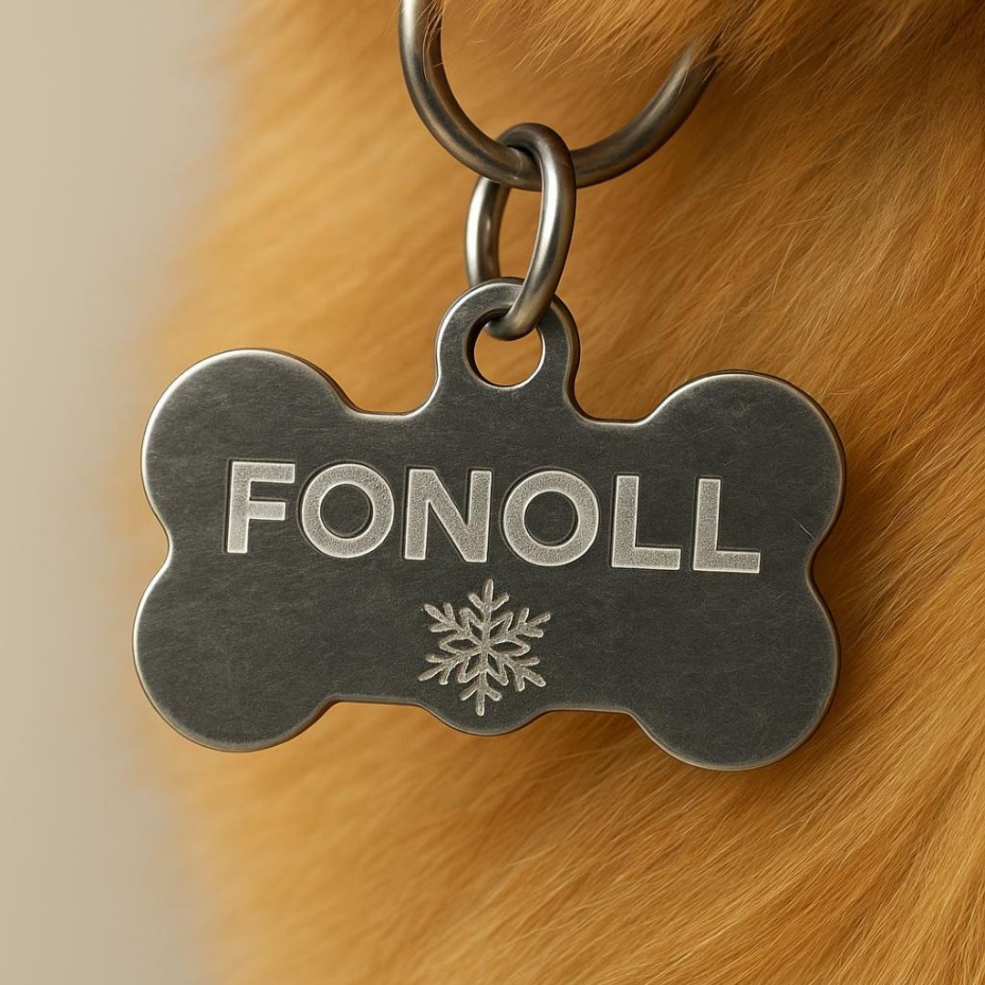 Detalla de una chapa para collar de perro de aluminio con el nombre del perro grabada y un dibujo de una estrella de navidad