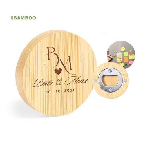 Abridor de bambú redondo con imán para guardar en la nevera, personalizado con el logo de la boda grabado a láser