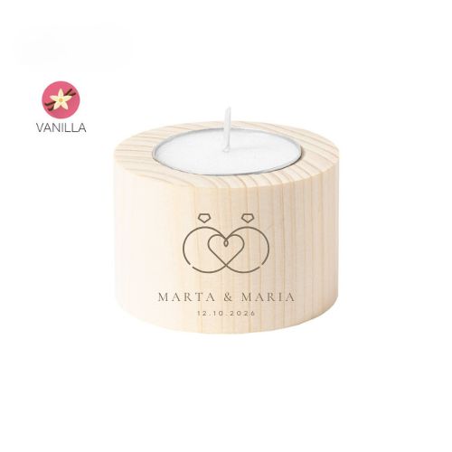 vela flotante con aroma de vainilla montada dentro de un cilindro de madera personalizado con el logo de boda grabado a láser.