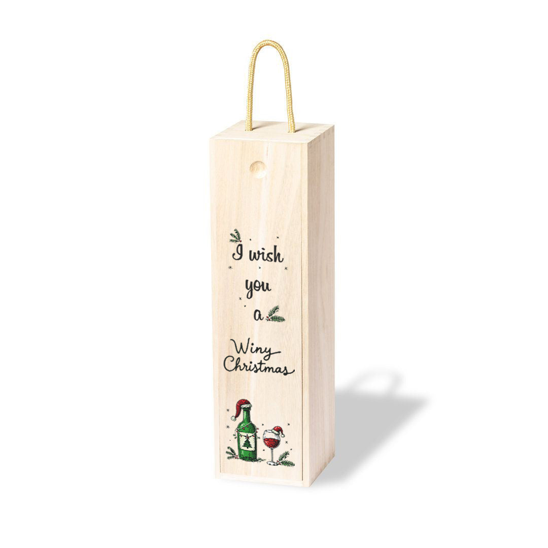 Caja de Madera para botella de vino, edición Navidad con una frase humorística en inglés "I wish you a Winy Christmas" decorada con dibujos navideños y una botella con su copa de vino