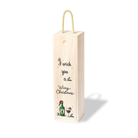 Caja de Madera para botella de vino, edición Navidad con una frase humorística en inglés "I wish you a Winy Christmas" decorada con dibujos navideños y una botella con su copa de vino