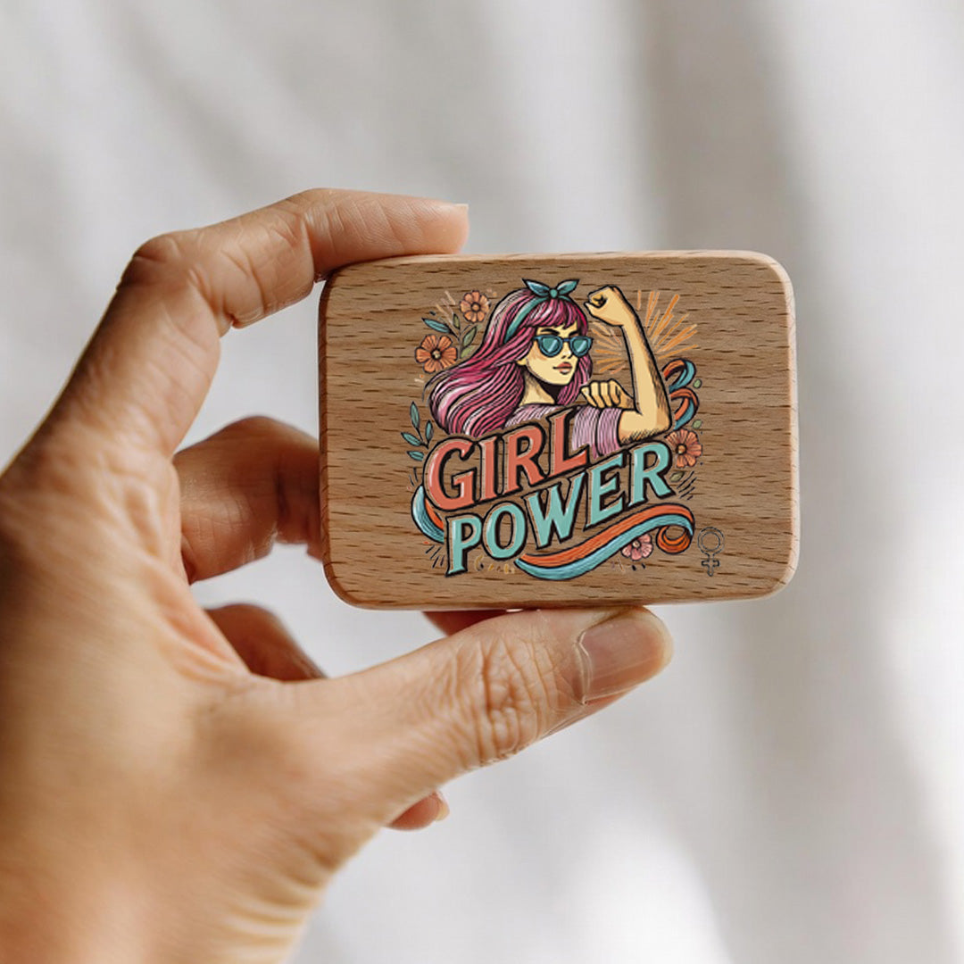 Imán rectangular de madera natural con mensaje del Día de la Mujer