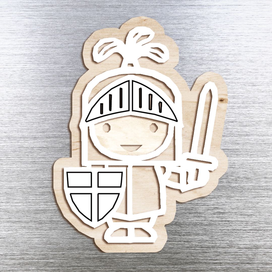 Imán de madera artesanal con figura del caballero de Sant Jordi: pintado en relieve de colores, recuerdo sostenible y decorativo del día de Sant Jordi. Meuestra en blanco