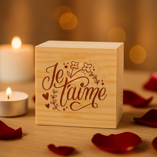 Taco de madera grabado con la frase manuscrita "Je t'aime" decorado con sencillas ilustraciones florales