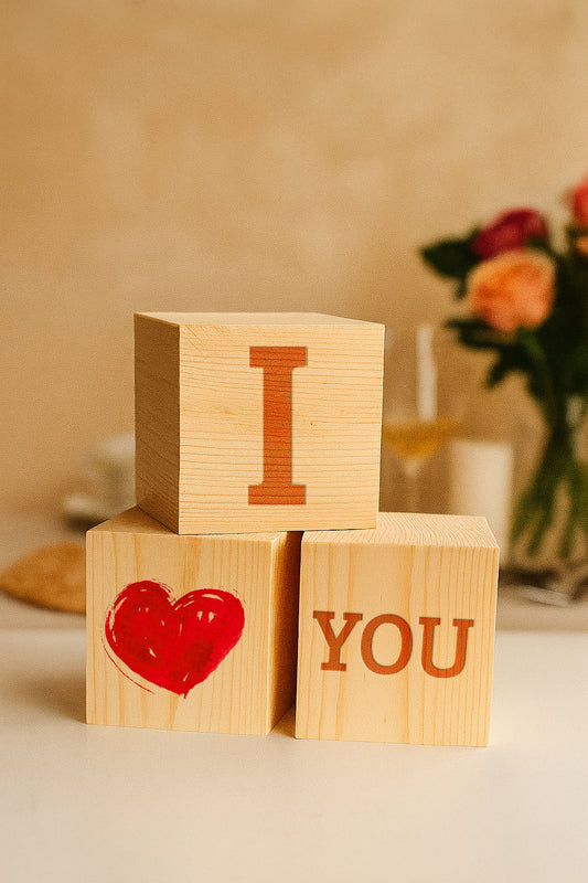 conjunto de tres tacos de madera cuadrados con el mensaje impreso I love (forma de corazón) you en rojo
