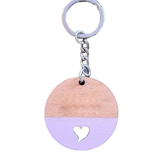 Llavero redondo de madera de haya para personalizar, troquel en forma de corazón y color morado