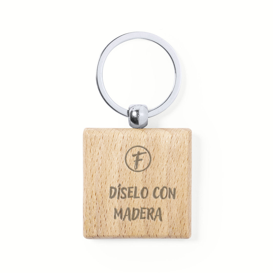 Llavero de madera de haya natural cuadrado personalizado con grabado a láser.