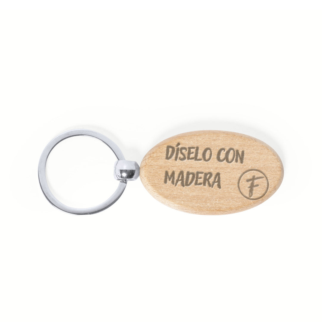 Llavero de madera de haya natural ovalado personalizado con grabado a láser.