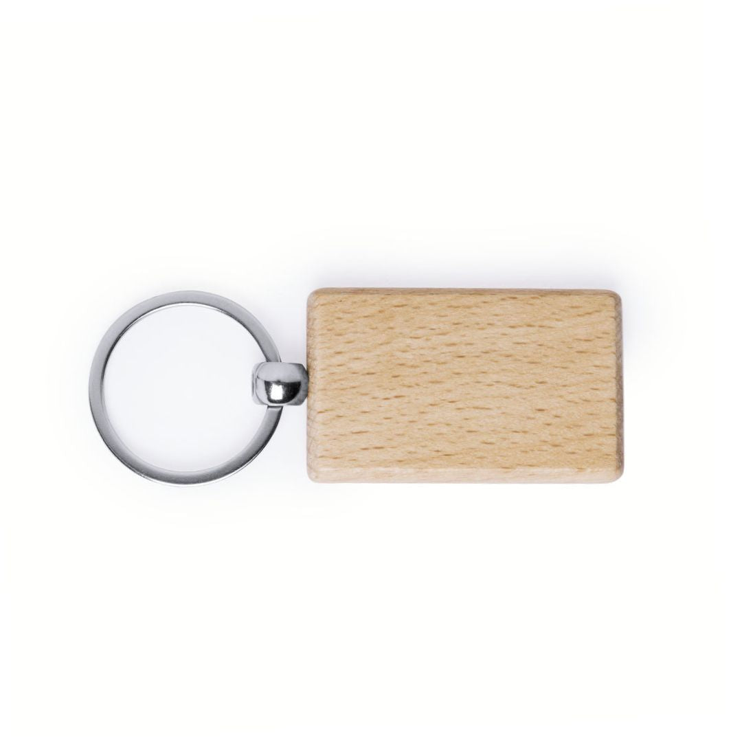 Llavero de madera de haya natural rectangular personalizado con grabado a láser.