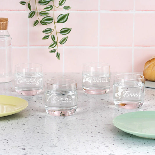 Pack de 4 Vasos de agua de cristal de 31 cl con grabado personalizado. Resistentes, ecológicos y aptos para lavavajillas, ideal para uso diario.
