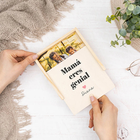 Caja cerrada para guardar las piezas de madera del tetris con la tapa personalizada con impresión a todo color