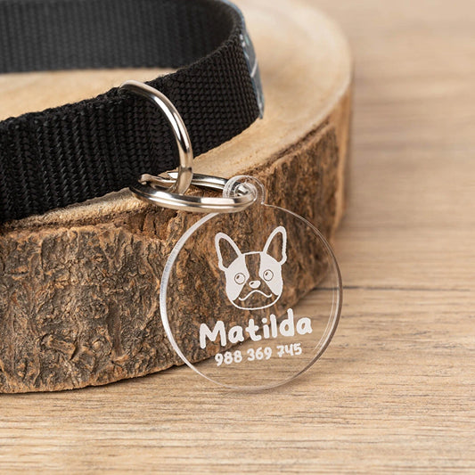 Placa de metacrilato para perros y gatos, personalizable con grabado láser. Disponible en varios tamaños, colores y formas. Círculo transparente