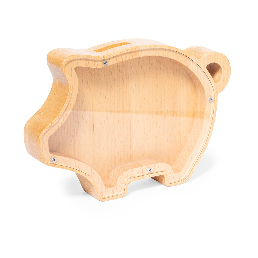 Hucha de madera con forma de cerdito y tapa de metacrilato 