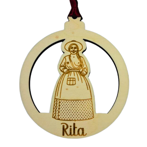 Bolas para el árbol de Navidad de madera con las figuras típicas de la Bisbal: la geganta Rigoberta, el Drac de Dracs i el Drac La Rèplica.