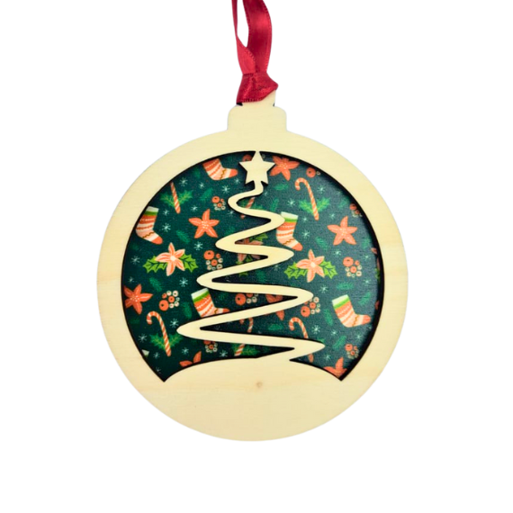 Adorno de madera para el árbol de navidad de dos niveles, fondo impreso directo y capa superior grabada con el nombre personalizado