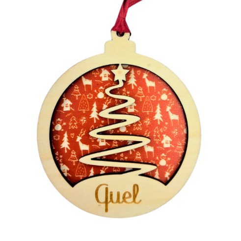 Adorno de madera para el árbol de navidad de dos niveles, fondo impreso directo y capa superior grabada con el nombre personalizado